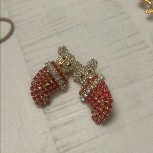 Vintage Christmas Red Clear Rhinestone Teddy Bear Stocking Clip On Earrings